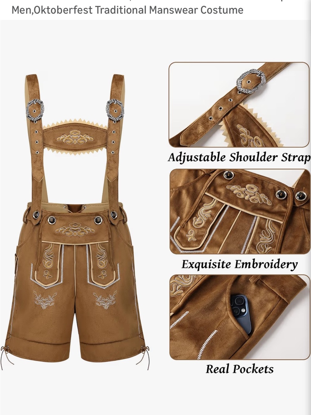 Men's Oktoberfest Lederhosen Shorts with Embroidery - Brown